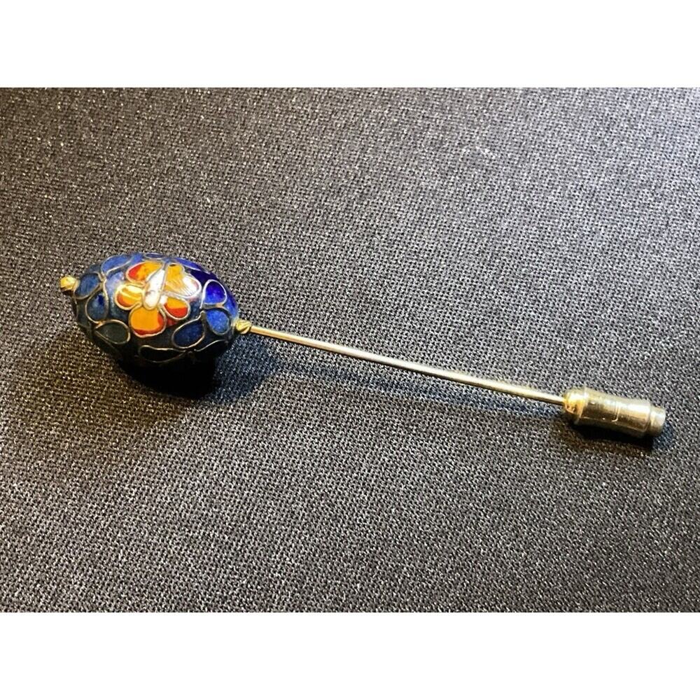 Vintage Cloisonné Hat Pin Oval Egg Shaped Floral Design